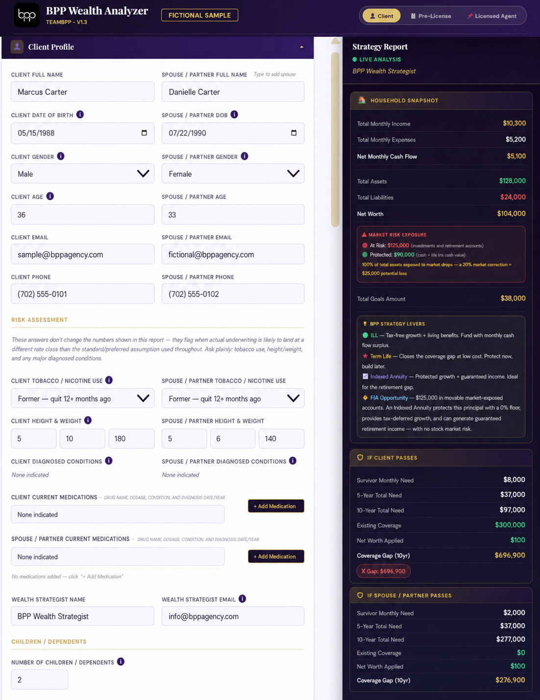 Fictional sample of the BPP Wealth Analyzer interface